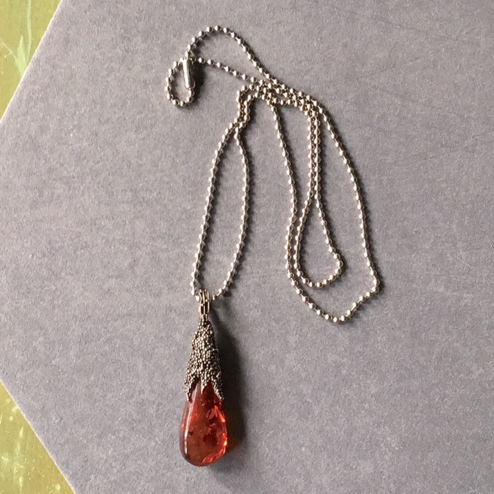 Sterling Silver and Amber Pendant on Silver Chain